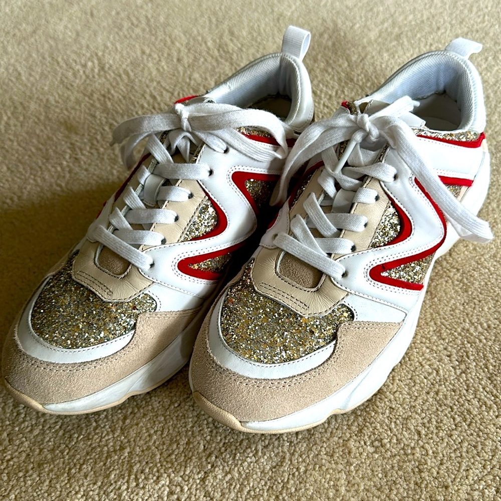 Stunning MAJE Silver Gold Glitter Running Shoes 39 or 8.5/9 White Red Unique